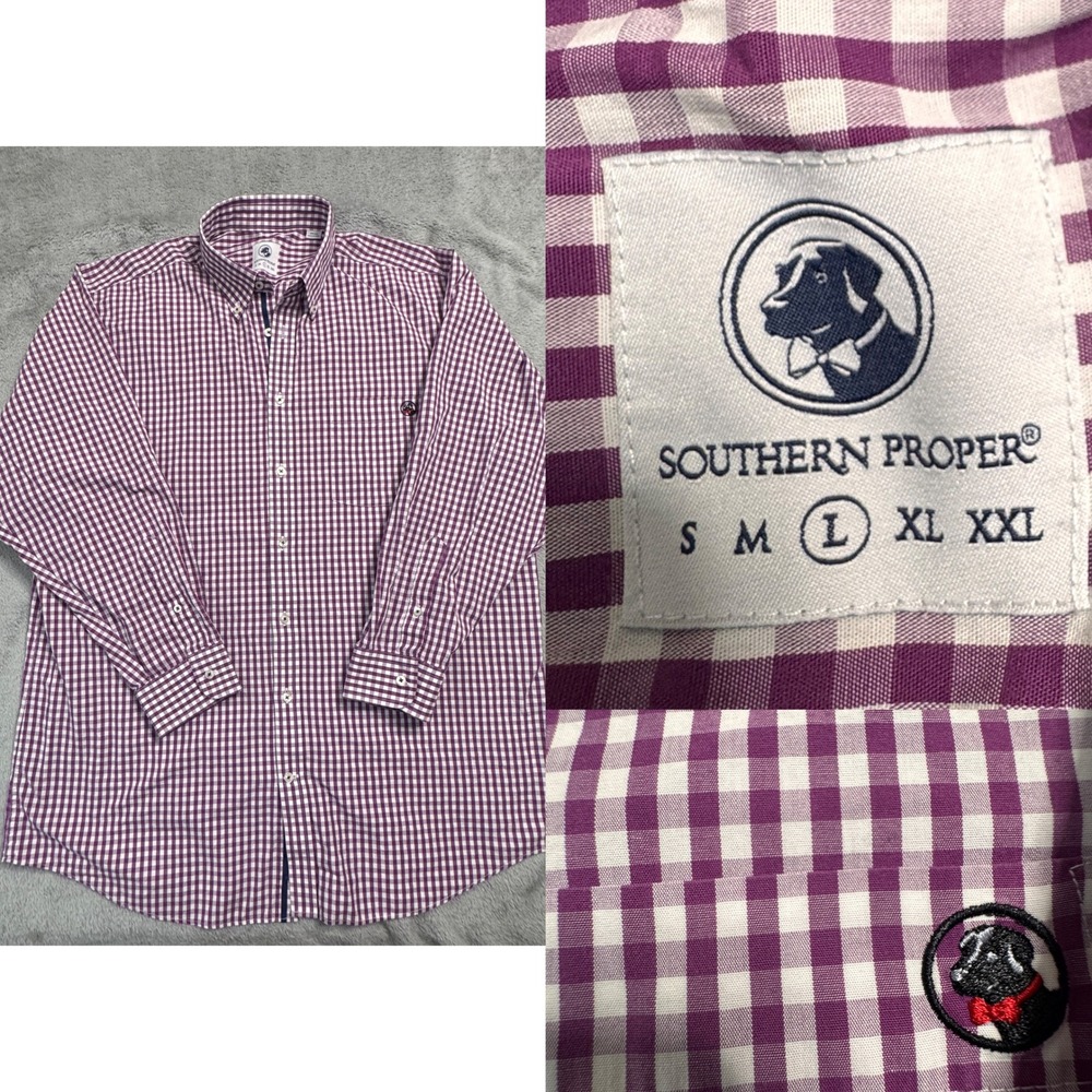 Southern Proper Mens Long Sleeve Gingham Button Down Shirt Purple‎ White Size L